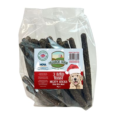 1kg pack of 3ird Roast meaty stick/sausages dog treats featuring a smiling cartoon labrador on the front wearing a santa hat