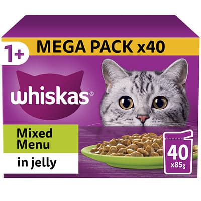 Whiskas 1+ Mixed Menu Adult Wet Cat Food Pouches in Jelly 40pk, 85g