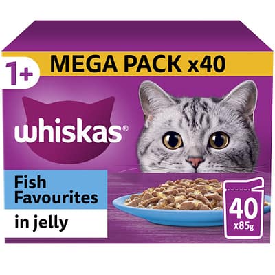 Whiskas 1+ Fish Favourites Adult Wet Cat Food Pouches in Jelly 40pk, 85g