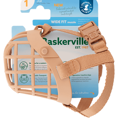 Baskerville Wide Fit Dog Muzzle on display card