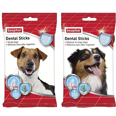 2 Packets of Dog Dental Sticks, one with a small dog on the front and one with a medium/large dog on the front