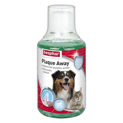 Bottle of green liquid mouthwash for pets, with a cat and dog on the front