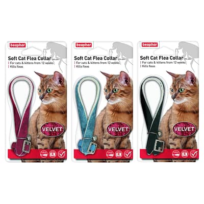 Set of 3 Blister packs of velvet Cat Flea collars in red, blue and black with a picture of a cat