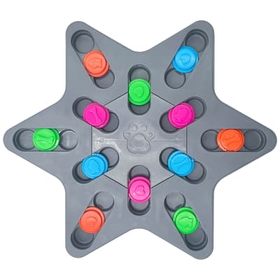 6 Point Star shaped interactive dog toy with ,multi coloured sliders