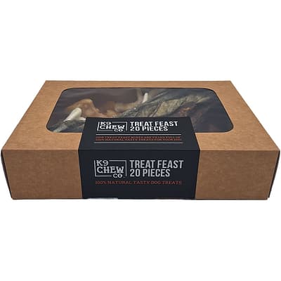 Brown box with see through lid, full of natural dog treats