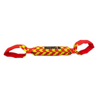 High Contrast Red and Yellow striped dog tug toy with handles at each end