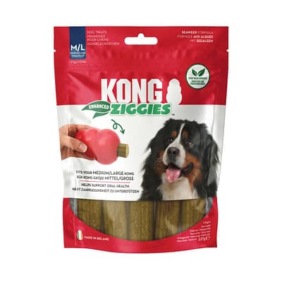 Pack of KONG dog snacks, red and white packet with a black, white and tab Collie on front with its tongue out