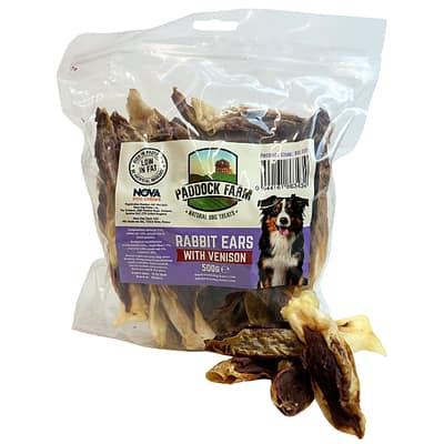 1kg Pack of Rabbit Ears dog treats filled with venison meat