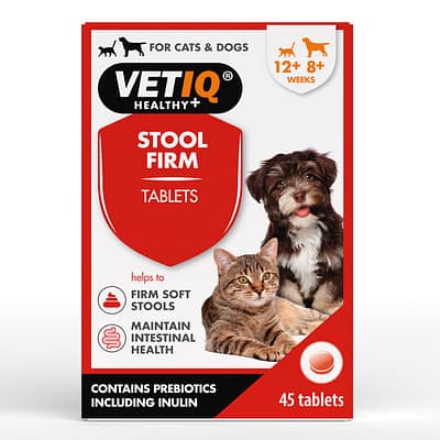 VetIQ Stool Firm box with red shield logo and cat and dog on front