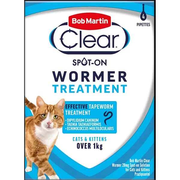 Bob Martin Clear Wormer Spot On 4pip Cat Packet of Cat Worming spot-on with ginger and white cat on front