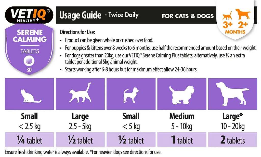 VetIQ Serene Calming Tablets for Cats & Dogs 1-20kg 1 VetIQ Serene Calming Dosage Table
