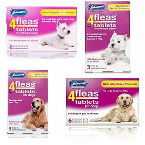 Set of 4Fleas Dog Flea Tablets showing all for packets of 3 and 6 pack for large and small dogs