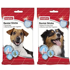 2 Packets of Dog Dental Sticks, one with a small dog on the front and one with a medium/large dog on the front