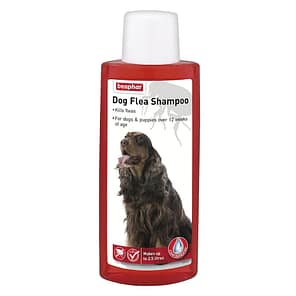 Bottle of Red Dog Flea Shampoo with a Cocker Spaniel on the front