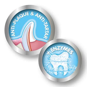 Icon graphics stating anti plaque, anti tartar and a picture of a tooth surrounded in bubbles with the text "plus enzymes"