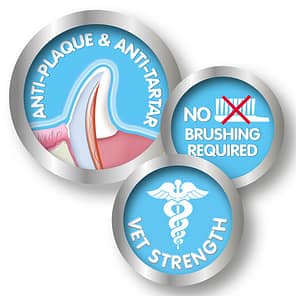 3 Icons showing features and benefits of Tooth Gel for Cats & Dogs, Vet Strength, no brushing required and anti plaque, anti tartar