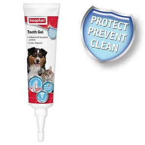 Tube of Tooth Gel with Dog and cat on front and a shield icon saying Protect, Prevent, Clean