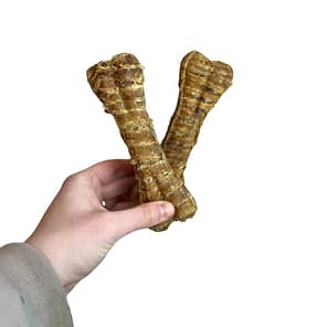 Hand holding a Pair of Buffalo Trachea Bones dog treats