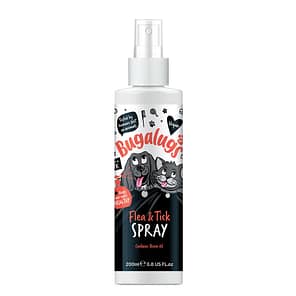 Bottle of Bugalugs Flea and Tick Spray with cute cartoon cat and dog on the front