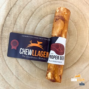 Collagen Roll Dog Treat on a log plinth