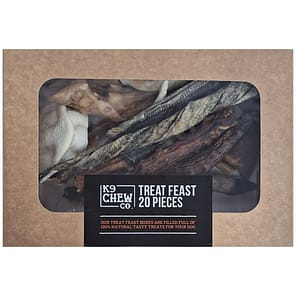 Brown box with see through lid, full of natural dog treats