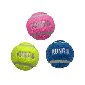 Set of 3 coloured tennis ball dog toys. Pink, Green and Blue