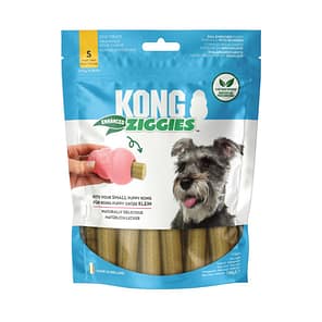 Blue and White pack of Puppy snacks with a Schnauzer puppy with tongue out