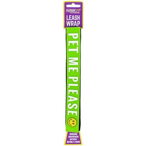 Green Dog Leash Wrap with "Pet ME Please" printed in white with smiling face emoji