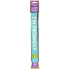Turquoise Dog Leash Wrap with "I'm Friendly" printed in white, and a smiling face emoji