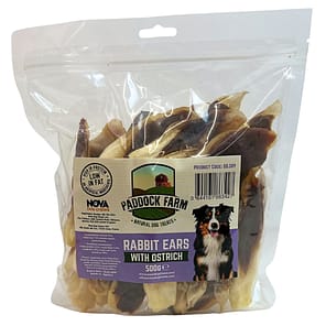 Pack of Rabbit ears dog treats stuffed with ostrich meat