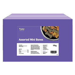 Purple box of Mini Bone Dog treats 10kg with picture of a bowl of the treats on the side