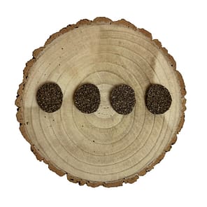 Overhead shot of 4 rabbit burger dog treats displayed on a log