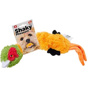Pheasant plush dog toy, green head, orange body