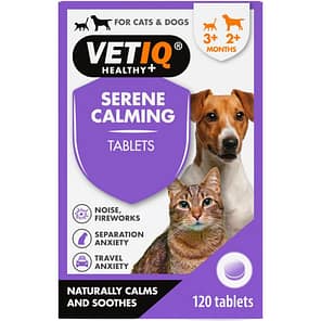Pack of 120 pet calming tablets with a cat and dog on the front