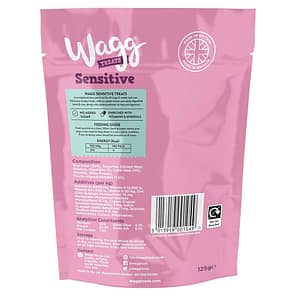 Baack of Pink pack of Wagg Sensitive Dog treats in Lamb & rice flavour
