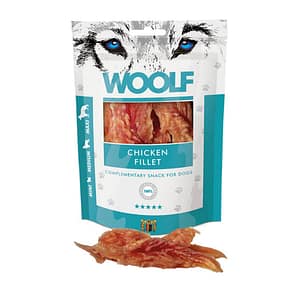 Pack of Woolf Chicken Fillet Dogs treats with a sample of product open in front of pack