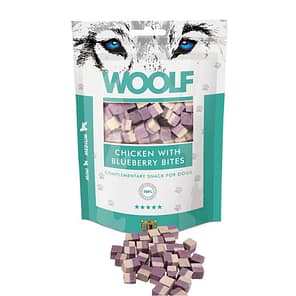 Woolf Dog Snacks in pack with some product loose in front of bag