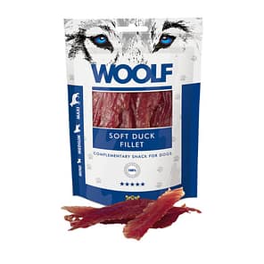Pack of Woolf Soft Duck Fillet Dogs treats with a sample of product open in front of pack
