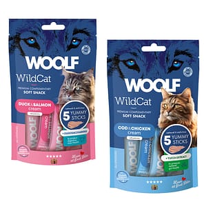 Two packs of Woolf Wildcat Cream treats in Cod & Chicken and Duck & Salmon