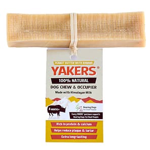 Yakers medium Yak Chew Dog Treat Peanut Butter Banana Flavour with product tag on elastic band round middle