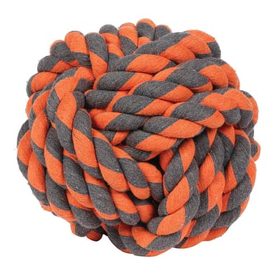 Large black and orange rope ball dog toy