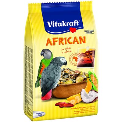 Bag of Vitakraft African Parrot Food with two parrots eating mixed seeds out of a bowl