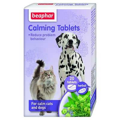 Box of 20 herbal Calming Tablets with cat and dog picture on front