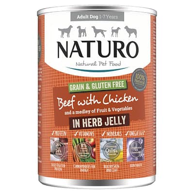 Naturo Adult Dog Food Grain and Gluten Free Beef with Chicken in Herb Jelly 390g 12pack