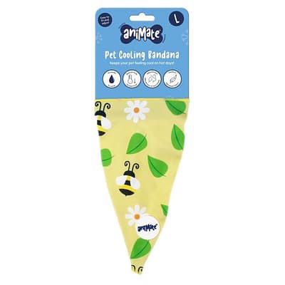 Yellow Dog Bandana with bees and leaves graphics
