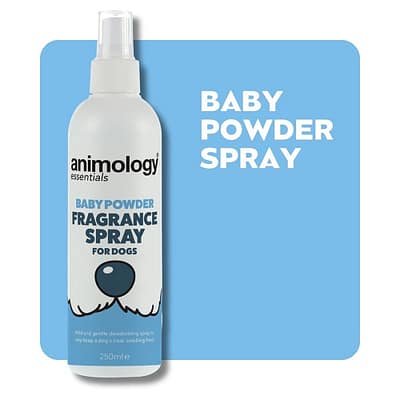 Bottle of Animology Baby Powder Dog Spray on a baby blue background