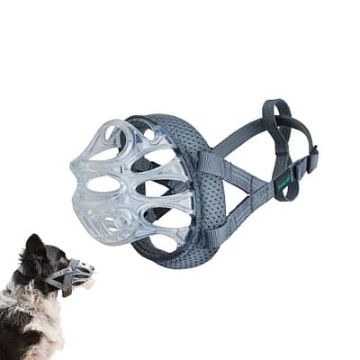 Baskerville INVISA Muzzle with pic of dog wearing the product