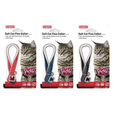 Set of Blister packs of Cat Flea collars, red, blue and black, all with sparkly dots and a picture of a cat