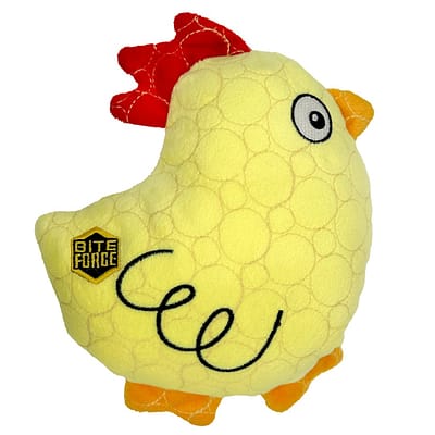 Yellow Chicken Plush Dog Toy with orange feet and beak and red crest