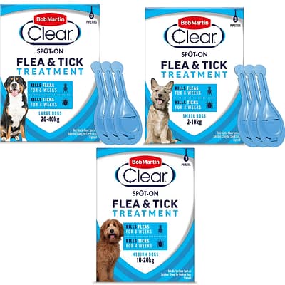 3 boxes of flea and tick spot on treatments, one with a small breed dog on the front, one with a medium breed dog and one with a large breed dog on the front